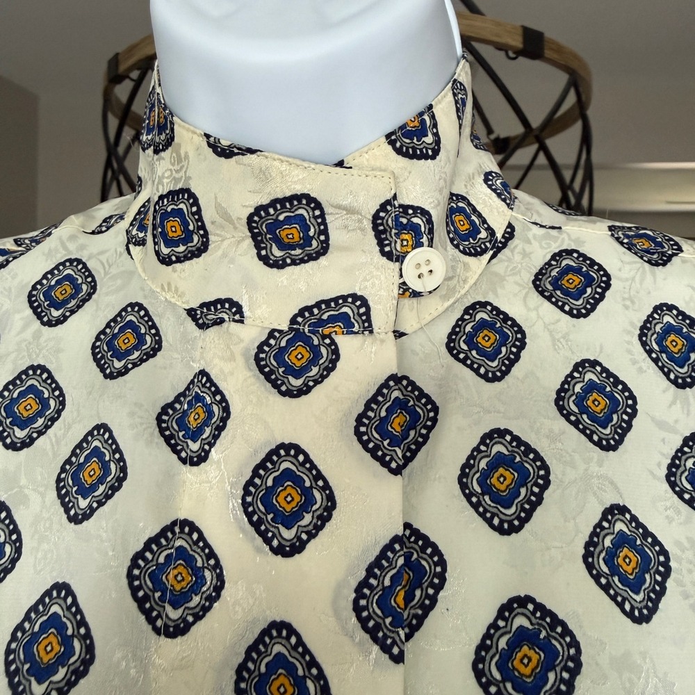 Christian Dior Vintage Geometric Medallion Jacquard Blouse Ivory Navy Yellow 4 - Picture 5 of 16